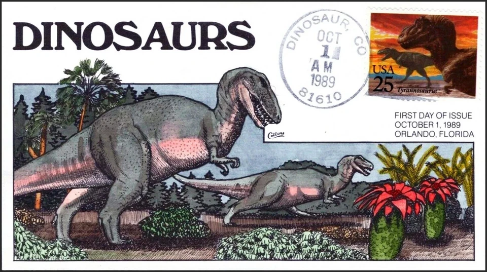 Dinosaurs Tyrannosaurus Rex 25c Stamp FDC Handpainted Collins#L1602 Sc#2422 - Image 1 of 1