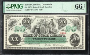 ⭐⭐ BANCONOTA 20 DOLLARI 1872 STATO DI CAROLINA DEL SUD SC OBSOLETA PMG 66 EPQ 2303 - Foto 1 di 2