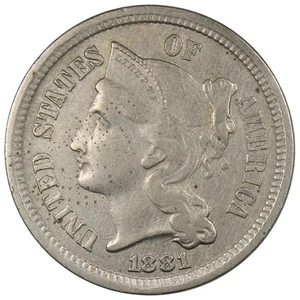 1881 Three Cent Nickel AU+ ALMOST UNC Details Cleaned A2177 - Picture 1 of 2