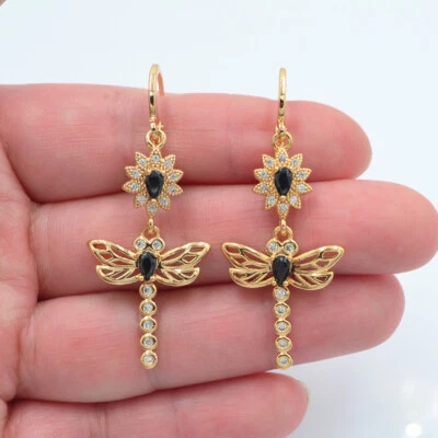 18K Yellow Gold Filled Women Clear Mystic Topaz Dragonfly Dangle Earrings - Image 1 of 3