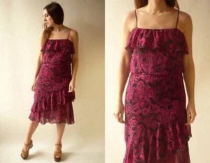 1970's Vintage Bohemian Chiffon Tiered Ruffle Midi Dress Size XS - Picture 1 of 6