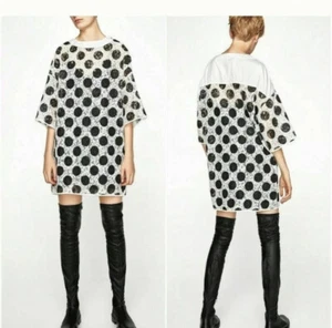 NWT ZARA Womens Black & White Polka Dot Lace Dress Tunic Size S - Picture 1 of 3