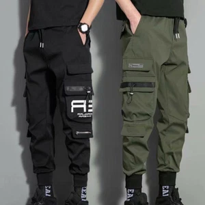 Men Cargo Pants Multi-Pocket Streetwear Harem Joggers Casual Black Trousers US - Picture 1 of 14