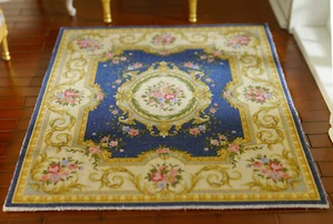 10" Large Dollhouse Navy Beige French Aubusson Design Miniature 1/12 1/6 Rug - Picture 1 of 7