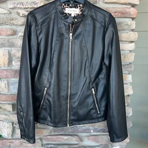 Calvin Klein Damen Full Zip schwarz Moto Kunstleder Jacke Mantel Large Neu mit Etikett - Bild 1 von 6