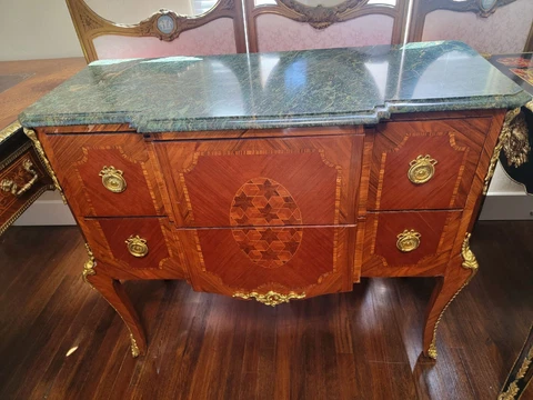 Louis XV Style Commode Marquetry with Green Marble Top and Gold Embellishments Cover