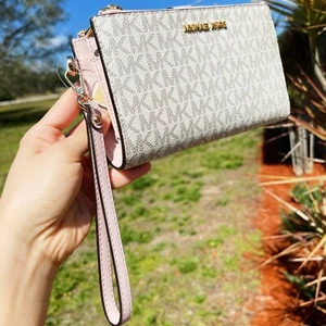 Michael Kors Double Zip Phone Wallet Wristlet Vanilla Signature MK Powder Blush - Picture 1 of 4
