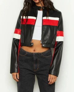 Women,s Real Leather Moto Jacket Black Red White Biker Racer Zip Up Coat - Picture 1 of 11