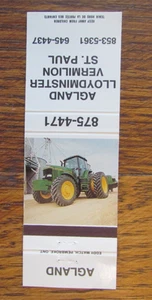 JOHN DEERE TRACTOR MATCHBOOK COVER: AGLAND LLOYDMINSTER VERMILION ST. PAUL AB A8 - Picture 1 of 2