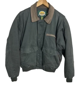 Chaqueta de bombardero vintage Cabelas para hombre de lona verde con ribete de cuero talla mediana - Imagen 1 de 7