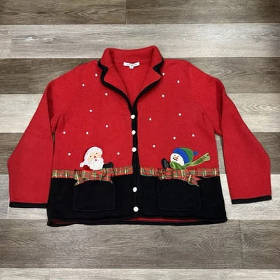 Cardigã suéter feminino Mercer Street Studio vintage GG vermelho Natal Papai Noel boneco de neve - Imagem 1 de 4
