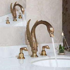 3PCS Swan Bathroom Sink Faucet Antique Brass Dual Handles Deck Mounted Mixer Tap - Picture 1 of 44