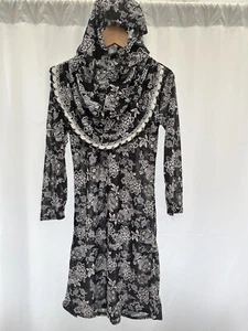 Hooded Floral Abaya Dress Black Polyester Long Sleeve - Picture 1 of 11