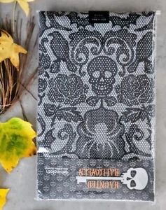 Halloween Tablecloth Black Skulls on Lace Print PEVA Flannel Backing 60” x 84” - Picture 1 of 6