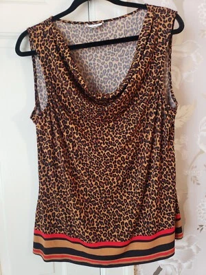 Camiseta deportiva Tahari animal estampado leopardo cascada drapeada sin mangas talla 18 elástica Foto 1 de 4