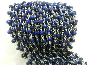LAPIS LAZULI RONDELLE 3-4MM BEADS, ROSARY BEADED CHAIN SILVER PLATED WIRE 3 FEET - Picture 1 of 11