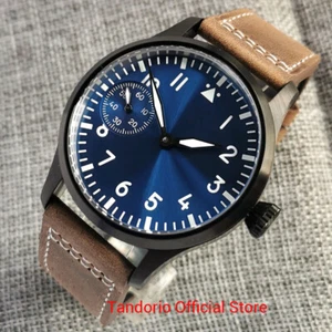 42mm Saphir Mechanische Herrenuhr Asia 6497 Uhrwerk Blaues Ziffernblatt Lederband - Bild 1 von 10