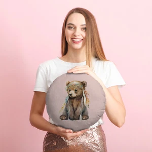 Watercolour Bohemian Bear Cub 14" Round Cushion Decorative Circle Pillow - Picture 1 of 6