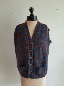 Vintage Handmade Knitted Blue Brown Retro Crochet Granny Waistcoat Lrg Ooak 60s - Picture 1 of 6