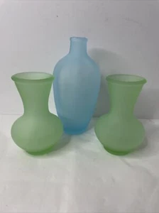 Viking Glass Green Blue Satin Bud vase Lot Of 3 - Picture 1 of 12