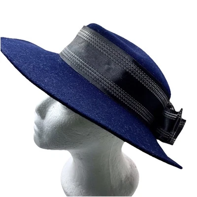 Vintage Miss Bierner Hat Blue Wool Wide Brim Black Bow Michael Howard 1980’s SEE - Image 1 of 4