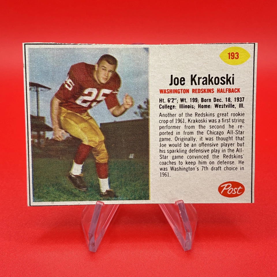 1962 Post Cereal SP Rookie Joe Krakoski #193 Washington Redskins EX+ - Image 1 of 2