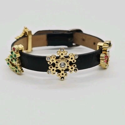 Christmas Bracelet enamel Crystal Gold tone Slide Charms Leather 8 in #13 - Image 1 of 4
