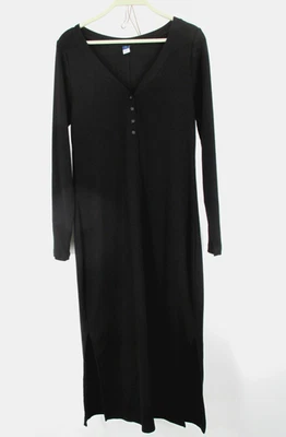 OLD NAVY Maxi Thermal Dress Women L Black Ribbed V-Neck Henley Casual Stretch - Image 1 of 4