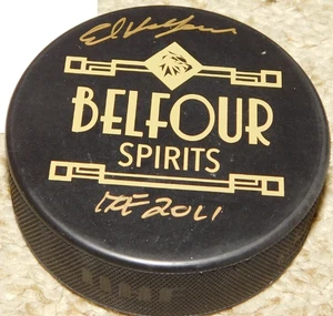 Signed Ed Belfour Hockey Puck  Belfour Spirits Whiskey Blackhawks Stars - Picture 1 of 2