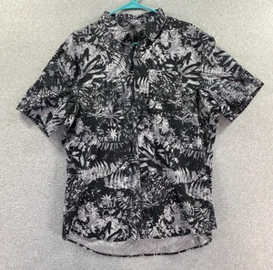 Camicia hawaiana Lululemon Alltown uomo grande nera bianca floreale bottone foglia - Foto 1 di 9