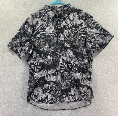 Lululemon Alltown 夏威夷衬衫男式大号黑色白色碎花叶纽扣 — 第 1/4 张图片