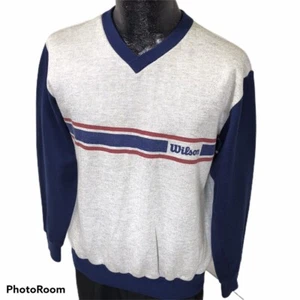 80's Wilson Men Heather Gray SPELLOUT V-Neck Blue RINGER Sports Sweatshirt M - Picture 1 of 5