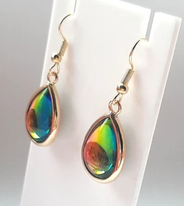 RAINBOW CRYSTAL AURORA TEARDROP EARRING GOLD PLATED 4CM DROP E144 - Picture 1 of 6