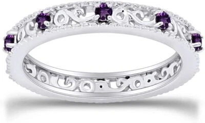 3.25MM Stackable Ring Round Cut Simulated Birthstone White 925 Sterling Silver - Image 1 of 4