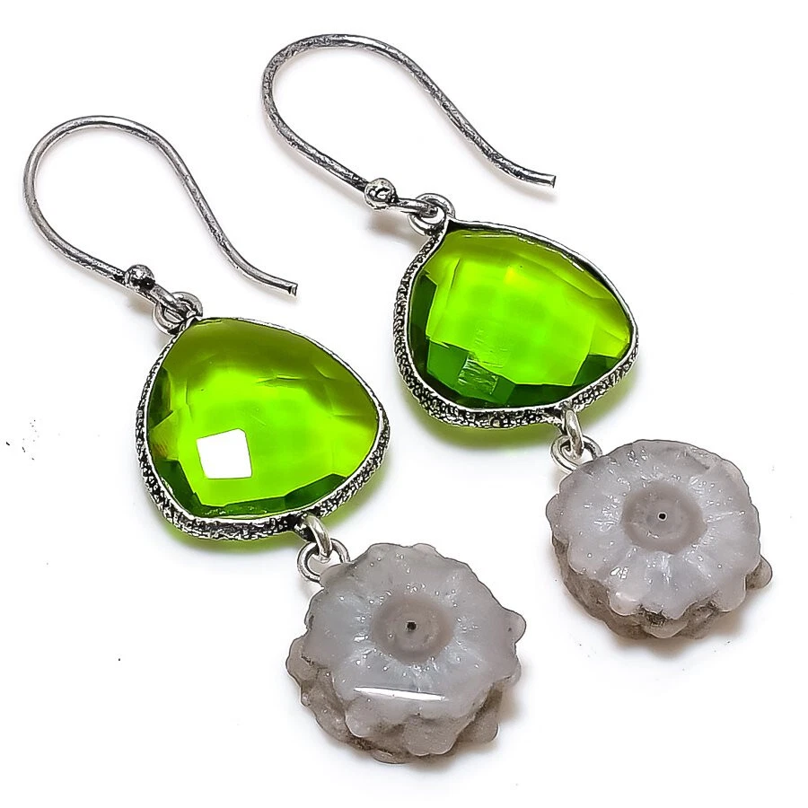 Pendientes solares de cuarzo druzy peridoto enchapados en plata joyas 2,5" Foto 1 de 1