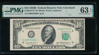 AC 1950B $10 Cleveland FRN *star* PMG 63 EPQ D-* block Fr 2012-D* - Image 1 of 2