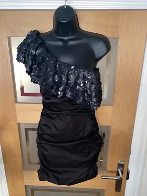 RARE BLACK ONE SHOULDER SEQUIN FRILL MINI EVENING DRESS SIZE UK 6 NEW - Image 1 of 3