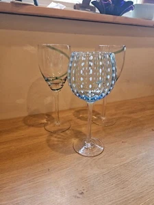 Cambria Pattern Blue / White Dots Balloon Wine Stem Glass & Swirl Blue Set Of 3 - Picture 1 of 8