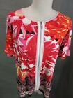 Gerry Weber Size L Womens Red Floral Short Sleeve Full Zip Loose Shirt Top T432