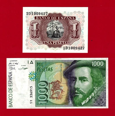 SPAIN UNC NOTES 1 Peseta 1953 (P-144a3) UNC & 1000 Pesetas 1992 UNC (P-163a.3.1) - Image 1 of 2