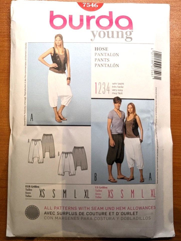 BURDA Young 7546 Sizes US XS-XL Unisex Loose Fitting Pants Uncut - Image 1 of 3