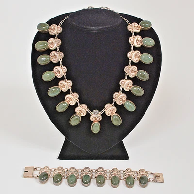 Set di gioielli vintage messicani in argento sterling e giada - bracciale... - Immagine 1 di 4