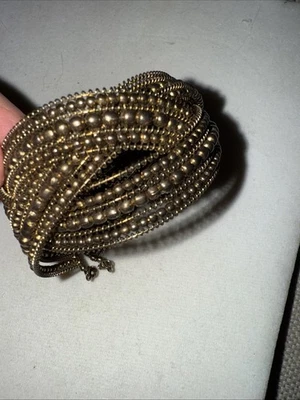Vintage 80s Helix Twisted Bronze Boho Glass Beaded Flex Cuff Bangle Bracelet - Image 1 of 4