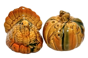 AGITADOR DE SAL Y PIMIENTA CALABAZA PAVO ACCIÓN DE GRACIAS CERÁMICA ESMALTADA NARANJA DE COLECCIÓN 2" - Imagen 1 de 5