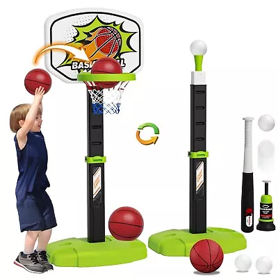 HANDWELL 3 in 1 Toddler Basketball Hoop and Tee Ball Set for Boys: Kids Baseball Tee w...