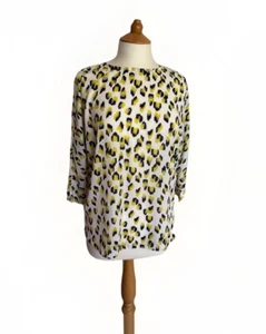 Ladies Animal Print Chiffon Top Size 8/10 White Black Yellow Dolman 3/4 Sleeves - Picture 1 of 2