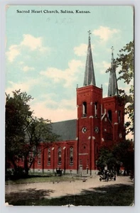 Sacred Heart Church Exterior Salina Kansas OLD Car People VTG c1913 DB Postcard - Picture 1 of 4