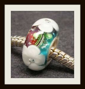 Rainbow Murano Glass Charm Bead #1 Flower Floral~European Sterling Silver 
