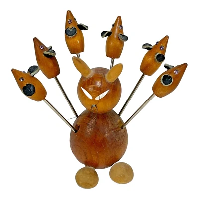 Vintage Wood Cat And Mouse Hors D'oeuvre Set Appetizer Forks 7 pieces complete - Image 1 of 4