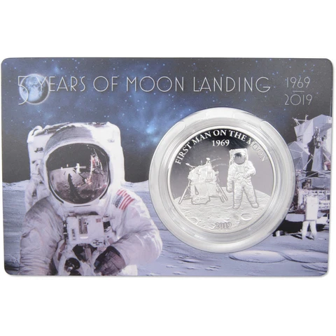 50 Years of Moon Landing 1 oz .999 Fine Silver $5 Proof Coin 2019 Barbados Cover